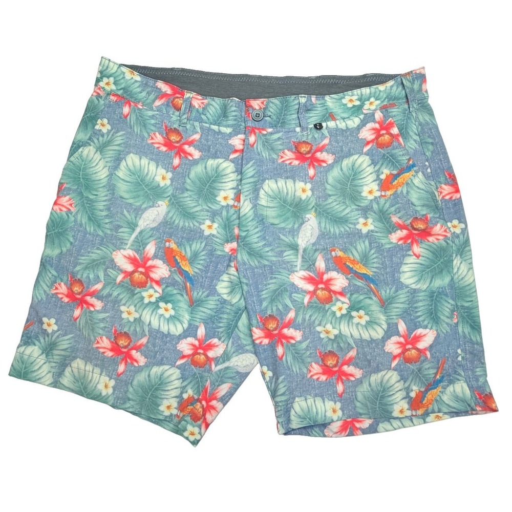 V46 Golf Tropical Floral Parrot Performance Shorts Blue Men's 38 Stretch